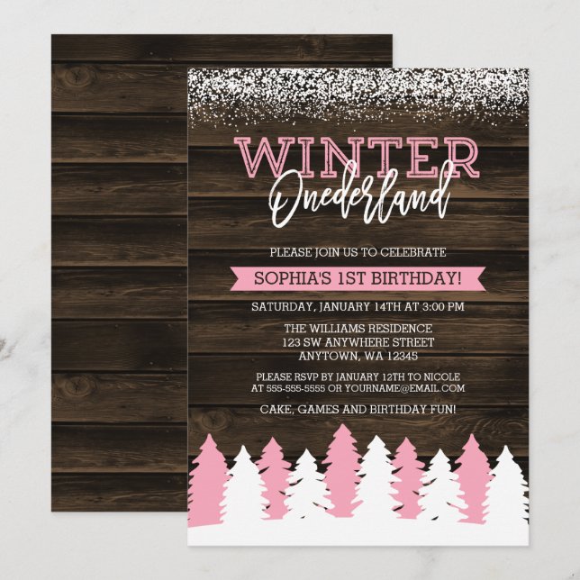 Rustic Winter Onederland Pink 1st Birthday Invite (Front/Back)