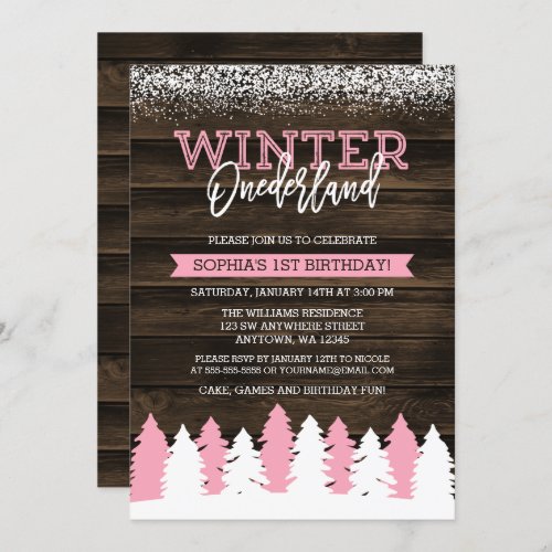 Rustic Winter Onederland Pink 1st Birthday Invite