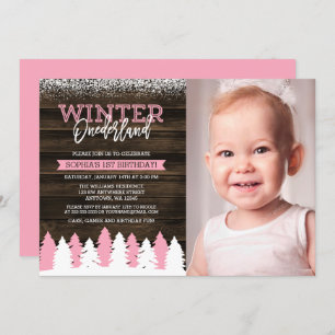Rustic Winter Onederland Pink 1st Birthday Photo Invitation