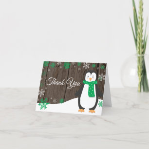 Rustic Winter Penguin Green Snowflake Letterpress Thank You Card