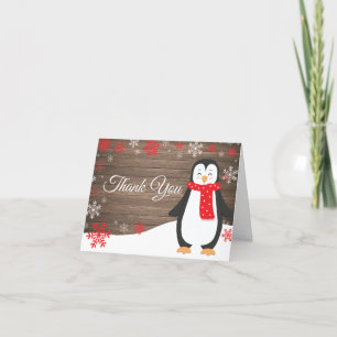 Rustic Winter Penguin Red Snowflake Letterpress Thank You Card