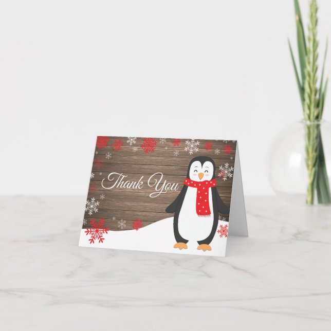 Rustic Winter Penguin Red Snowflake Letterpress Thank You Card (Front)