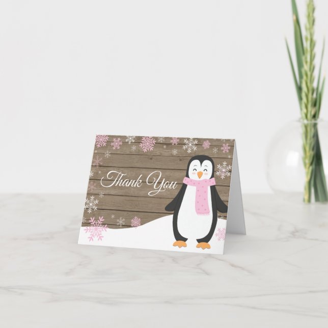 Rustic Winter Penguin Snowflake Pink Letterpress Thank You Card (Front)