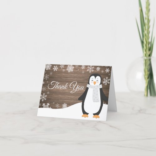 Rustic Winter Penguin Snowflake Thank You Card
