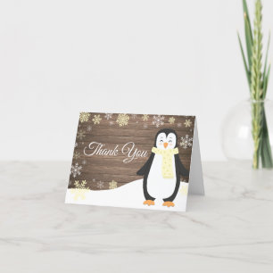 Rustic Winter Penguin Snowflake Yellow Letterpress Thank You Card