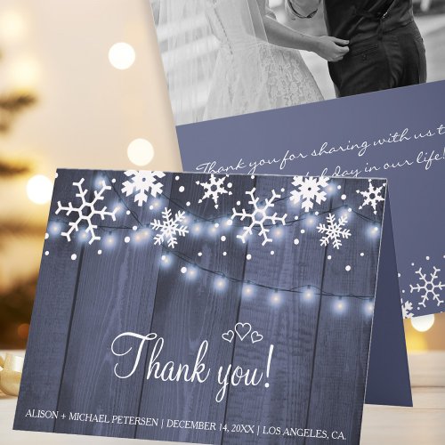 Rustic winter photo barn wood wedding thank you