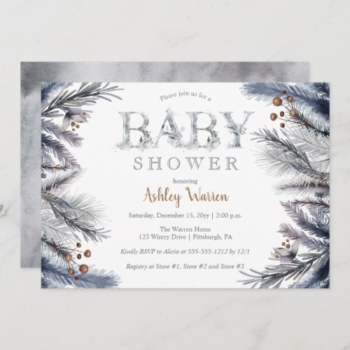 Rustic Winter Pine  Berries Floral Baby Shower Invitation