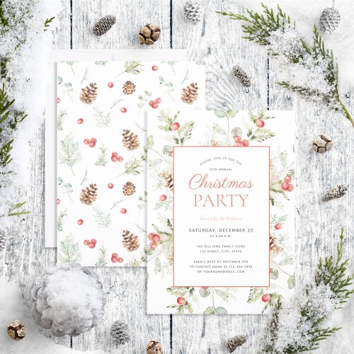 Rustic Winter Pine Berry Holiday Party Invitation