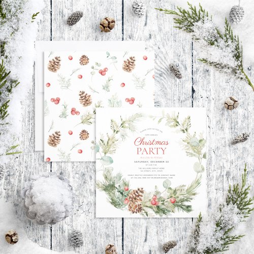 Rustic Winter Pine Berry Wreath Holiday Party Invitation