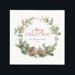 Rustic Winter Pine Berry Wreath Merry Christmas  Napkins<br><div class="desc">What better way to get into the holiday spirit than by hosting a Rustic Winter Pine Berry Christmas party? These festive and modern holiday napkins are perfect for your annual holiday party, or family Christmas dinner party. The beautiful watercolor winter and berry design with pinecones and winter botanical greenery are...</div>