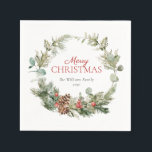 Rustic Winter Pine Berry Wreath Merry Christmas  Napkins<br><div class="desc">What better way to get into the holiday spirit than by hosting a Rustic Winter Pine Berry Christmas party? These festive and modern holiday napkins are perfect for your annual holiday party, or family Christmas dinner party. The beautiful watercolor winter and berry design with pinecones and winter botanical greenery are...</div>