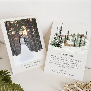 Rustic Winter Pine Cabin Photo Wedding Thank You Card