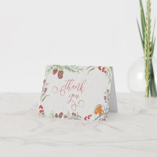 Rustic Winter Pine Cone and Robin Calligraphy Letterpress Thank You Card (Front)