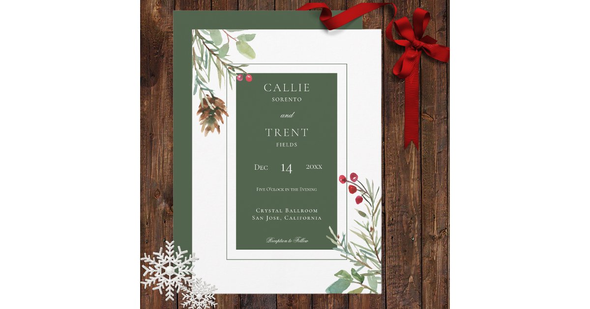 Rustic Winter Pine Cone Berries Modern White Invitation | Zazzle