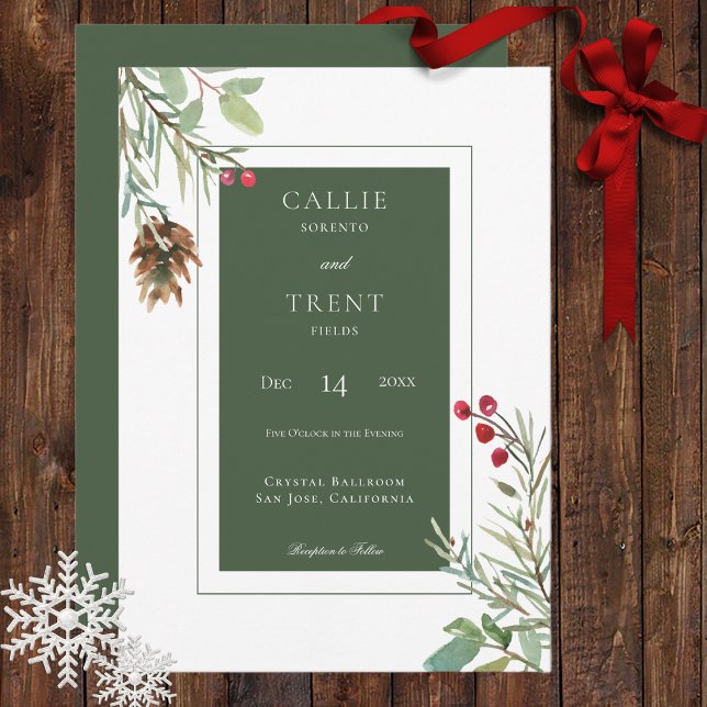 Rustic Winter Pine Cone Berries Modern White Invitation (Creator Uploaded)