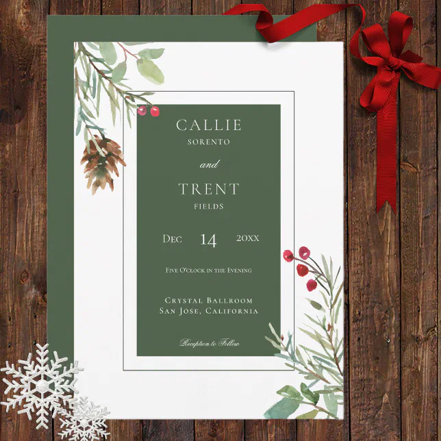 Rustic Winter Pine Cone Berries Modern White Invitation | Zazzle