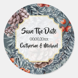 Rustic winter pine cone berry forest save date classic round sticker