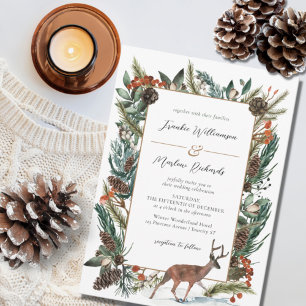 Rustic Winter Pine Cone Greenery Evergreen Wedding Invitation