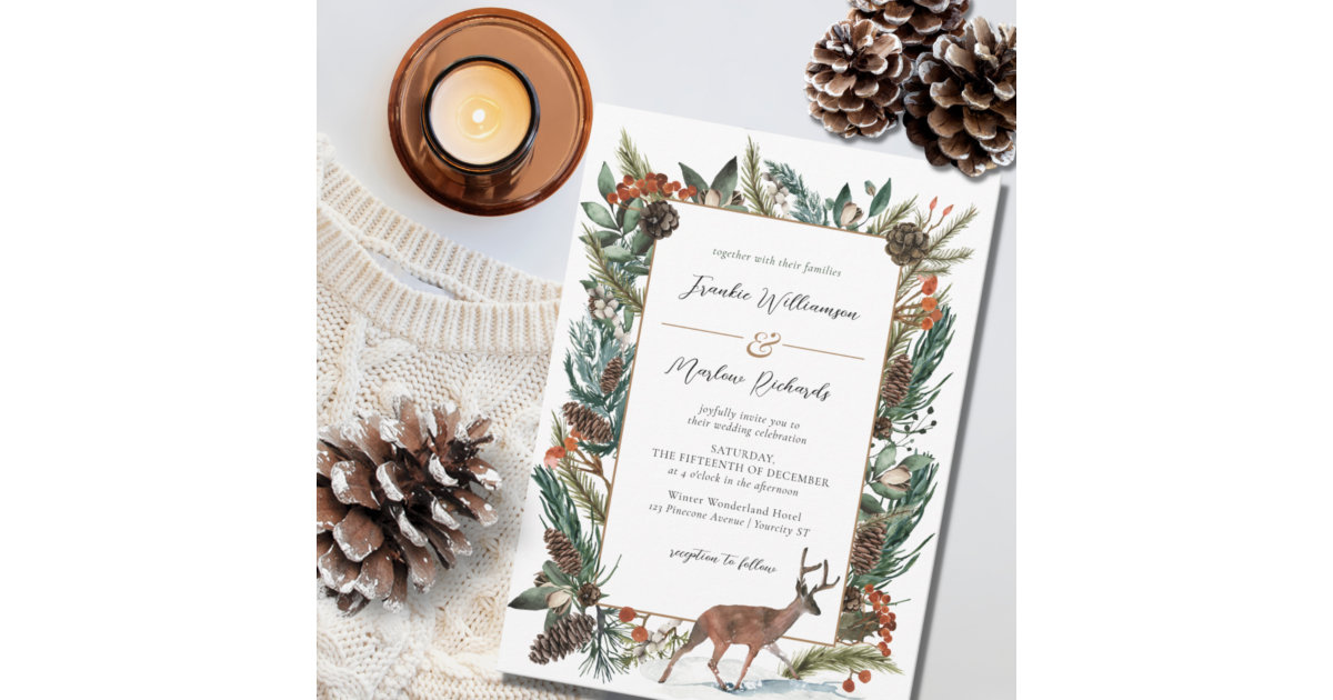 Rustic Winter Pine Cone Greenery Evergreen Wedding Invitation | Zazzle