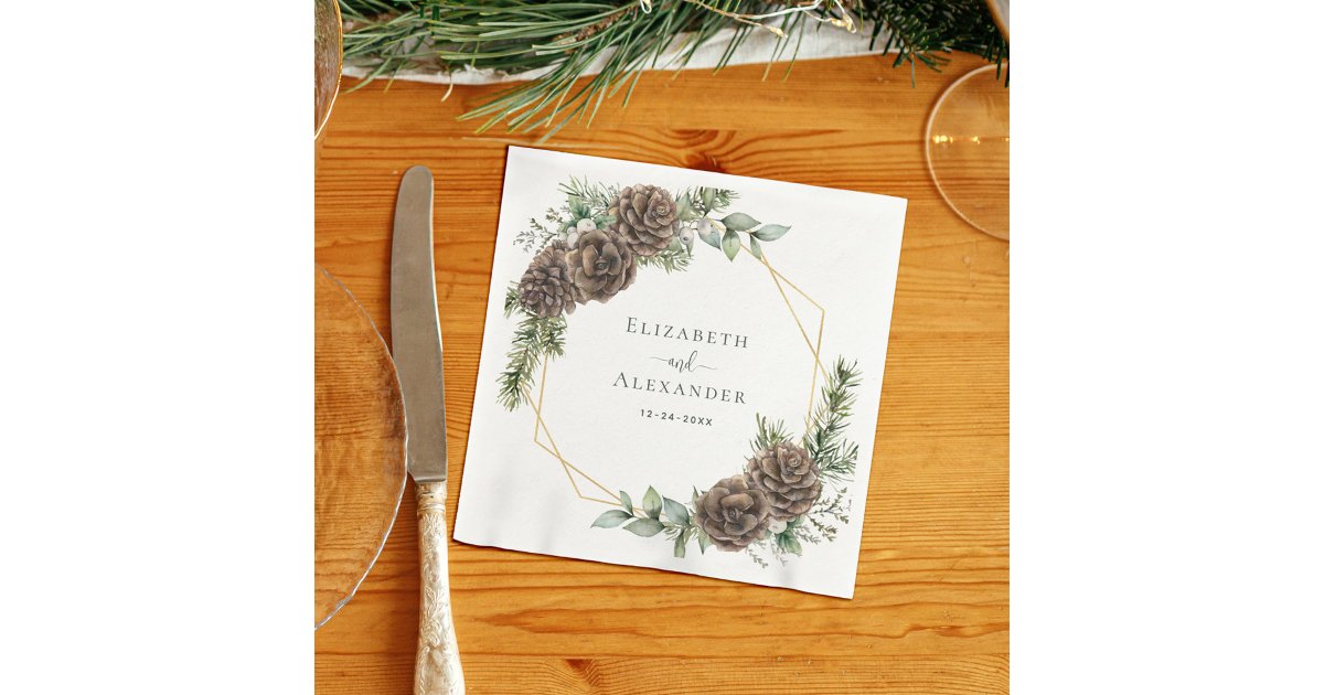Rustic Winter Pine Cone Greenery Wedding Napkins | Zazzle