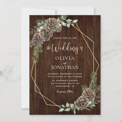 Rustic Winter Pine Cones Gold Frame Wedding Invitation