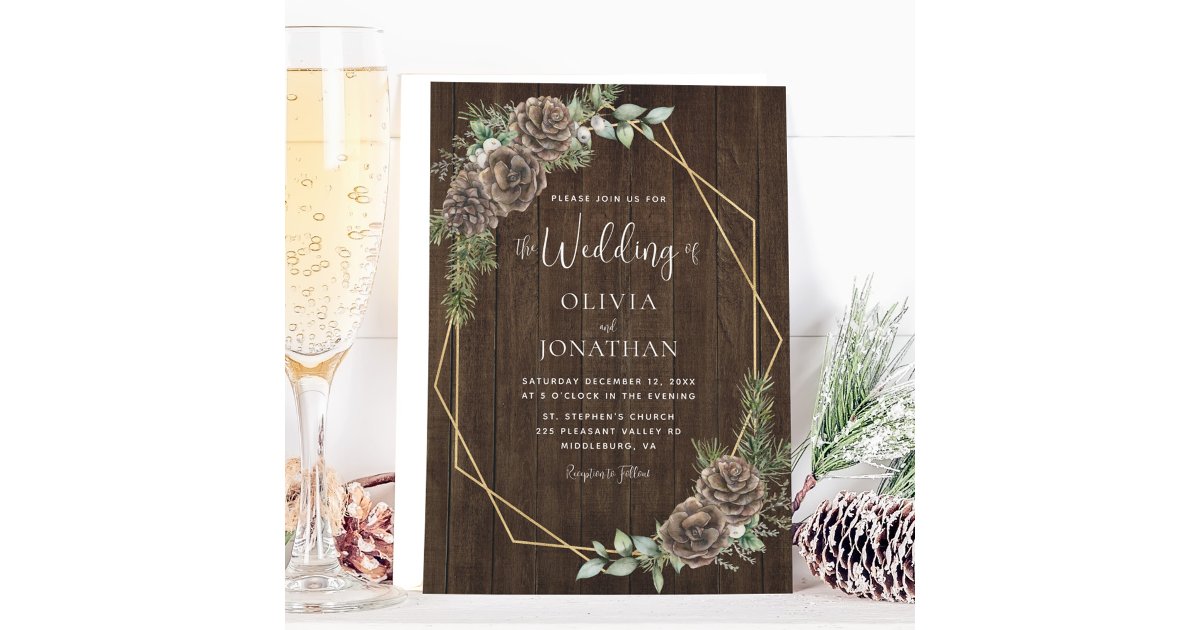 Rustic Winter Pine Cones Gold Frame Wedding Invitation | Zazzle