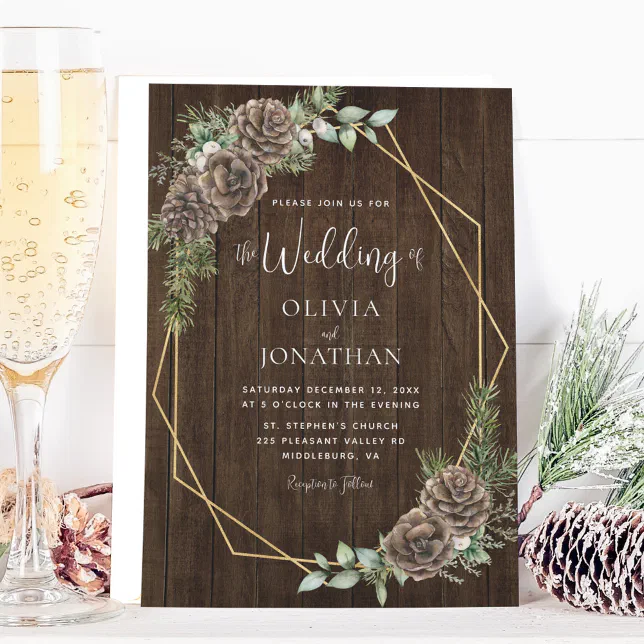 Rustic Winter Pine Cones Gold Frame Wedding Invitation | Zazzle