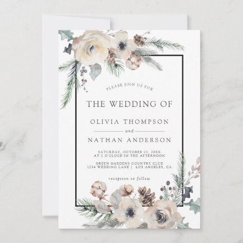 Rustic Winter Pine Floral Black Frame Wedding Invitation