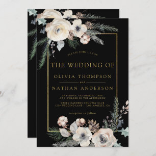 Rustic Winter Pine Floral Black Gold Frame Wedding Invitation