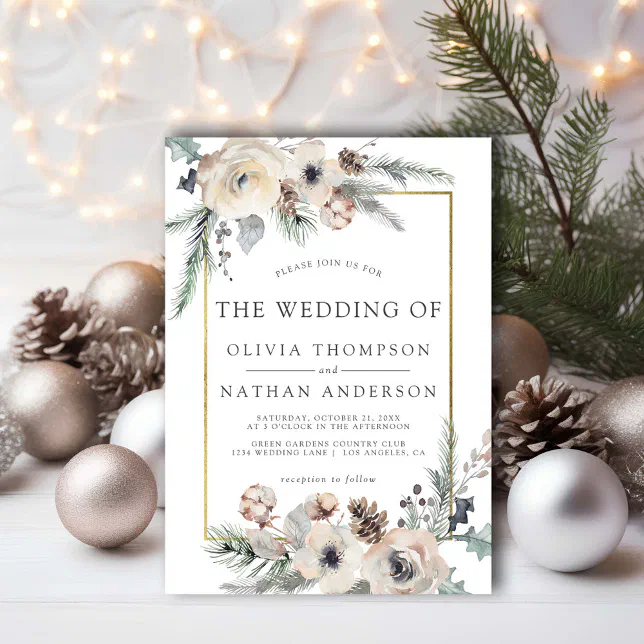 Rustic Winter Pine Floral Gold Frame Wedding Invitation | Zazzle