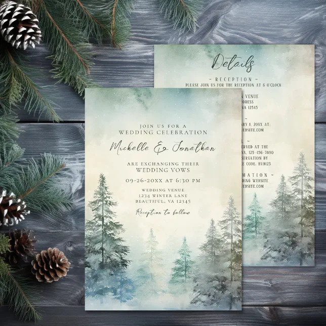 Rustic Winter Pine Forest All In One Wedding Invitation | Zazzle