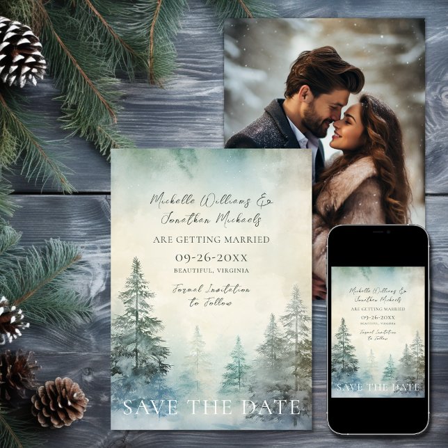 Rustic Winter Pine Forest Woodland Photo Wedding Save The Date (Rustic Winter Pine Forest Woodland Photo Wedding Save the Date)