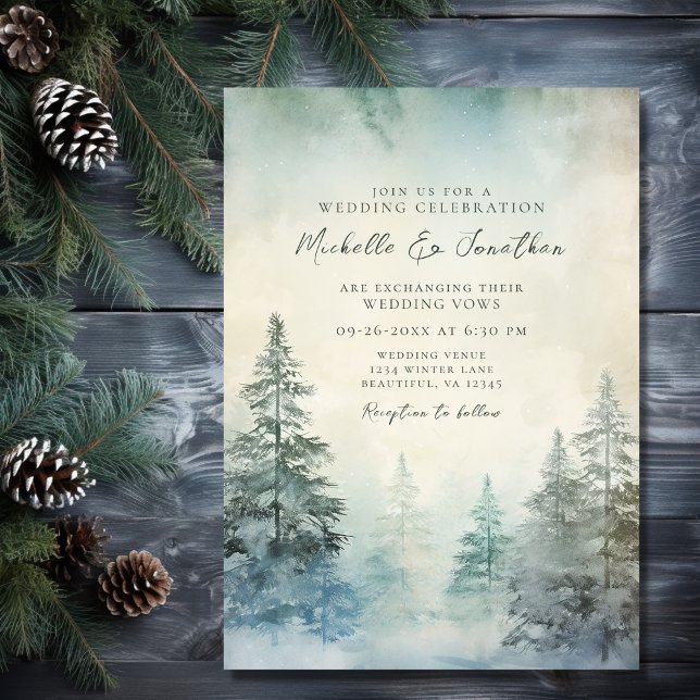Rustic Winter Pine Forest Woodland Wedding Invitation (Front - Rustic Winter Pine Forest Woodland Wedding Invitation)