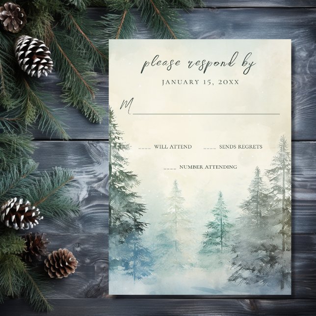 Rustic Winter Pine Forest Woodland Wedding RSVP Card (Front - Rustic Winter Pine Forest Woodland Wedding RSVP Card)