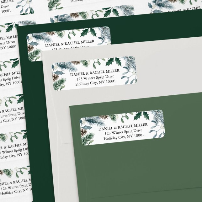 Rustic Winter Pine Mistletoe Holiday Address Label (Christmas greenery address labels by Darling & May)