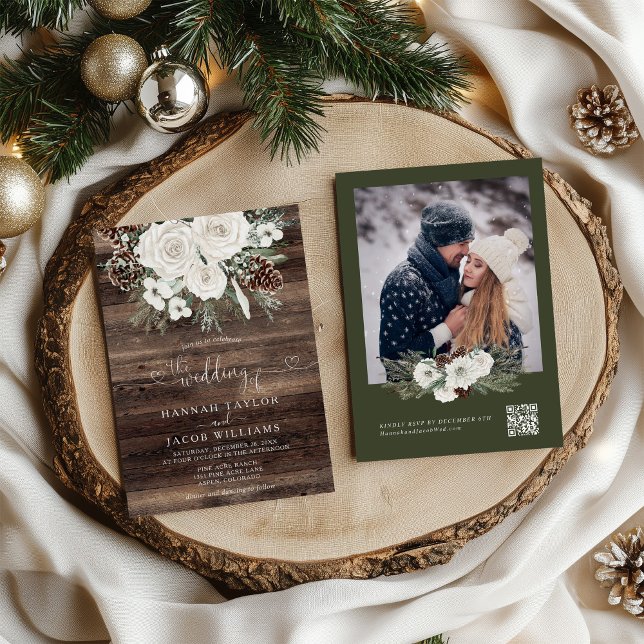 Rustic Winter Pine QR Code RSVP Wedding Invitation (Creator Uploaded)