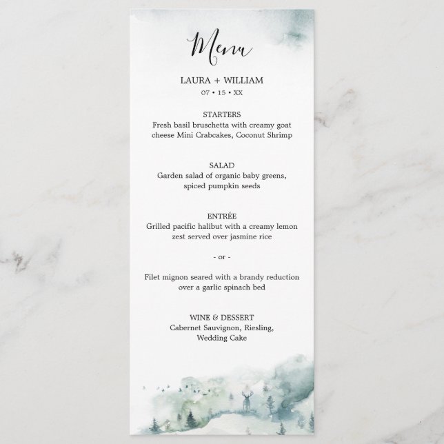 Rustic Winter Pine Tree Christmas Wedding Dinner Menu (Front)