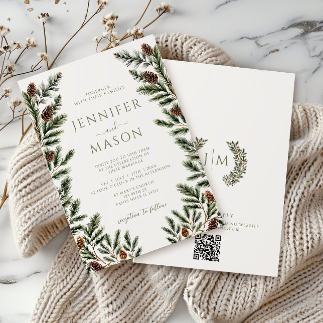 Rustic Winter Pine Tree Cones Boho Wedding QR Invitation (Creator Uploaded)