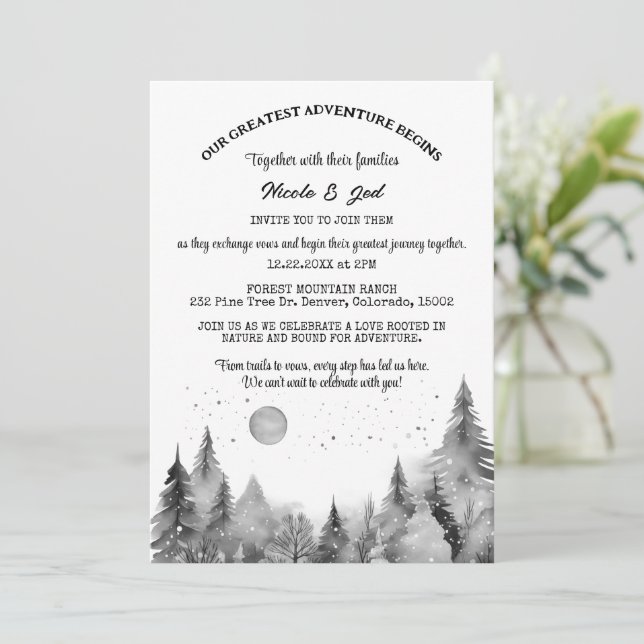 Rustic Winter Pine Tree Snow Outdoorsy Wedding  Invitation (Standing Front)
