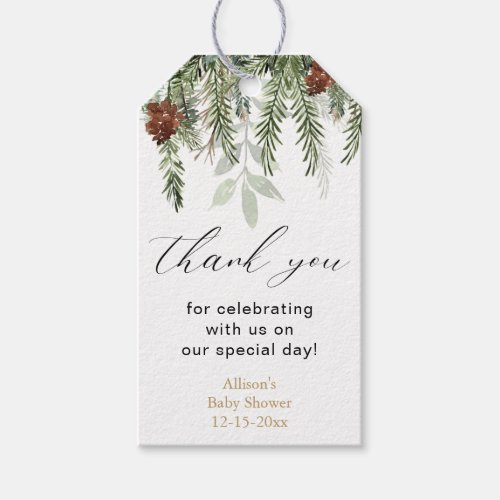 Rustic winter pine trees baby shower thank you fav gift tags
