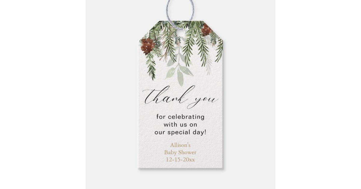 Rustic winter pine trees baby shower thank you fav gift tags | Zazzle