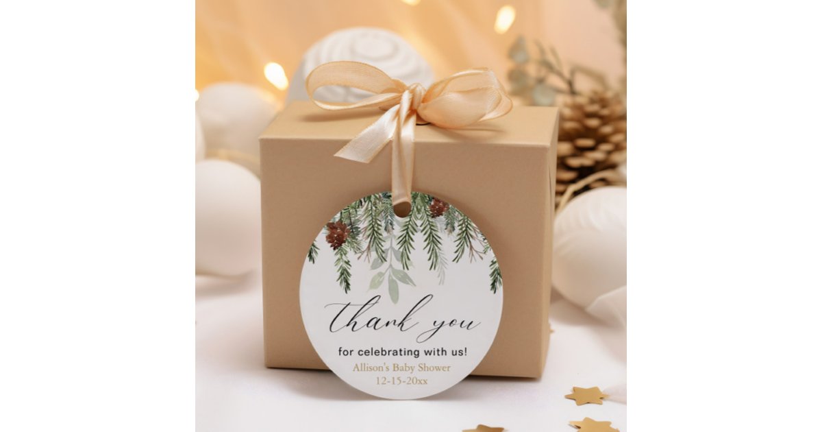 Rustic winter pine trees baby shower thank you favor tags | Zazzle