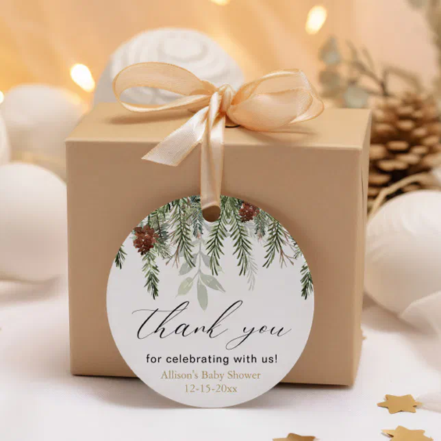 Rustic winter pine trees baby shower thank you favor tags | Zazzle