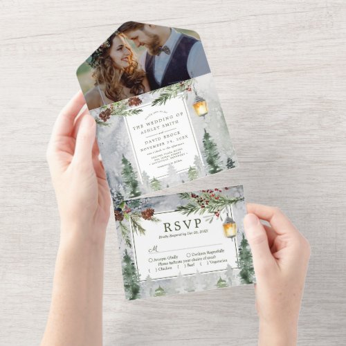 Rustic Winter Pine Trees Botanical Lantern Wedding All In One Invitation