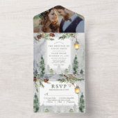 Rustic Winter Pine Trees Botanical Lantern Wedding All In One Invitation (Inside)