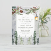 Rustic Winter Pine Trees Botanical Lantern Wedding Invitation (Standing Front)