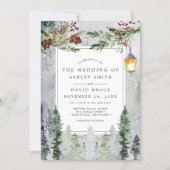 Rustic Winter Pine Trees Botanical Lantern Wedding Invitation (Front)