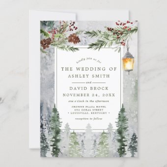 Rustic Winter Pine Trees Botanical Lantern Wedding Invitation | Zazzle