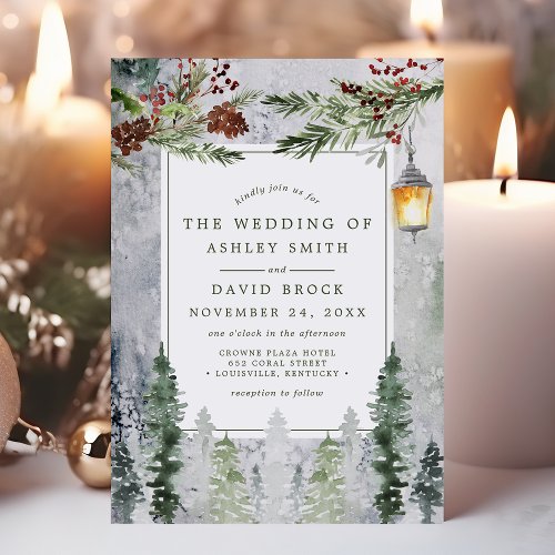 Rustic Winter Pine Trees Botanical Lantern Wedding Invitation