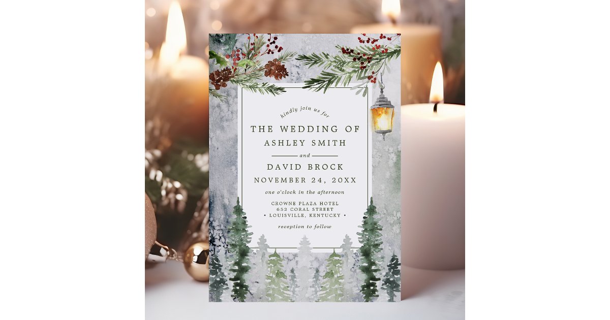 Rustic Winter Pine Trees Botanical Lantern Wedding Invitation | Zazzle
